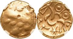 Ancients Celtic BRITAIN. Corieltauvi. Ca. 45-10 BC. AV stater (17mm, 5.45 gm). Devolved head of Apollo right / Disjointed horse left; star below; pellets around. Hobbs 3173. Van Arsdell 811-7. SCBC 39