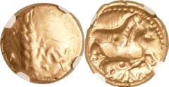 Ancients Celtic BRITAIN. Catuvellauni & Trinovantes. Cunobelin (ca. AD 10-43). AV stater (17mm, 5.36 gm, 3h). CA-MV, ear of barley / Free horse prancing right; pellet and branch above; CVN below. BMC 