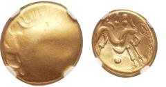 Ancients Celtic CELTIC GAUL. Ambiani. Mid 1st Century BC. AV stater (16mm, 6.17 gm). Gallic War issue. Blank convex surface / Disjointed horse right; crescents and pellets around. Depeyrot, NC VI 161.