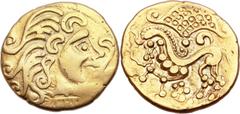 Ancients Celtic CELTIC GAUL. The Parisii. Late 2nd-1st century BC. AV stater (23mm, 7.18 gm, 6h).  Sills Mint A, Class 3. Head right, hair flowing behind in large locks, volute over club-like object (