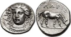 Ancients Greek THESSALY. Larissa. Ca. 380-360 BC. AR dachm (19mm, 5.94 gm, 6h).  Head of the nymph Larissa three-quarter facing left, wearing simple necklace, all within border of dots / ΛΑΡΙΣ, horse 