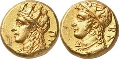 Ancients Greek CYPRUS. Salamis. Pnytagoras (ca. 350-331 BC). AV stater (16mm, 8.29 gm, 12h).  Draped bust of Aphrodite left, wearing turreted crown, beaded necklace, and triple-drop earring, hair fall