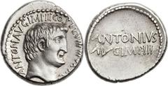 Ancients Roman Republic Mark Antony as Triumvir and Imperator (43-31 BC). AR denarius (19mm, 3.84 gm, 5h). Athens, 32 BC, by M. Junius Silanus, quaestor proconsul. ANTON AVG IMP III COS DES III V R P 