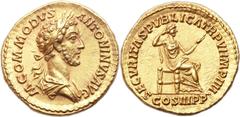 Ancients Roman Imperial Commodus (AD 177-192). AV aureus (20mm, 7.23 gm, 6h). Rome, AD 181. M COMMODVS ANTONINVS AVG, laureate and draped bust right / SECVRITAS PVBLICA TR P VI IMP IIII, COS III P P i