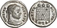 Ancients Roman Imperial Constantius I Chlorus (AD 305-306). AR argenteus (19mm, 3.06 gm, 12h).  Serdica, AD 305-306. CONSTAN-TIVS AVG, laureate head of Constantius I right / VIRTVS MILITVM, camp gate 