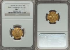 Spain Aragon. Pedro IV (1387-96) Florin ND, Cayon-1851 var (Tower mm), Fr-1, Barcelona Mint, XF45 NGC.  + ARAG │ O RЄX P, Lily / S ● IOhA │ nnЄS ● B, John the Baptist standing facing.  One of the most