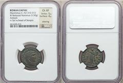 Ancients Roman Imperial Maximinus II Daia (AD 309-313). Æ follis (5.50 gm). Antioch. Laureate head right / Sol standing left, holding head of Serapis; S-*//ANT. RIC 167b. NGC Ch XF 5/5 - 4/5, silverin