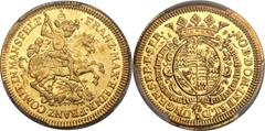 Mansfeld-Bornstedt. Franz Maximilian & Heinrich Franz gold Ducat 1687, KM135, Fr-1573, MS62 PCGS. Vibrant orange-gold tone enhances this artistically designed "St. George Slaying the Dragon" Ducat and