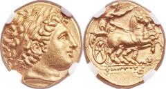MACEDONIAN KINGDOM. Philip II (359-336 BC). AV stater (19mm, 8.54 gm, 6h).  Posthumous issue pf Lampsacus, under Philip III Arrhidaeus, 323-317 BC. Laureate head of Apollo right / Charioteer, holding 