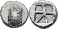 SARONIC ISLANDS. Aigina. Ca. 456/45-431 BC. AR stater (21mm, 12.32 gm).   Aegina. Land tortoise with segmented shell / Incuse square with skew pattern. SNG Munich 561. SNG Delepierre 1535. Struck on a