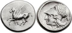 CORINTHIA. Corinth. Ca. 350-306 BC. AR stater (22mm, 7.96 gm, 11h).  Pegasus flying left, koppa - H P monogram and Σ below / Head of Athena left wearing wreathed Corinthian helmet pushed back on head,
