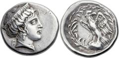 ELIS. Olympia. Ca. 336 BC. AR stater (26mm, 12.11 gm, 10h). Hera Mint, 111th Olympiad. Head of Hera right, wearing pendant earring and stephane inscribed FΑΛΕΙΩΝ ( 'of the people of Elis'), F behind n