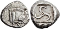 LYCIA. Uncertain Dynast. Ca. 490-460 BC. AR stater (20mm, 8.59 gm, 12h).  Forepart of boar running right, wearing beaded collar, Λ P monogram (?) behind / Triskeles within beaded square border. Cf. SN