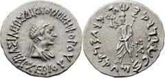 INDO-GREEK KINGDOMS. Archebius (ca. 75-65 BC). AR Indic tetradrachm (30mm, 9.28 gm, 12h). ΒΑΣΙΛΕΩΣ ΔΙΚΑΙΟΥ ΝΙΚΗΦΟΡΟΥ ΑΡΧΕΒΙΟΥ, diademed and draped bust of Archebios right / Indic legend, Zeus standing