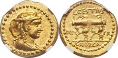 L. Cestius and C. Norbanus (43 BC). AV aureus (20mm, 7.96 gm, 12h). Rome, January-April 43 BC. Draped bust of Africa right, wearing elephant skin headdress over helmet, border of large dots /  L · CES