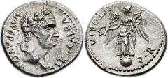Galba (AD 68-69). AR denarius (19mm, 3.43 gm, 6h).  Narbo in Gaul (?), Autumn AD 68. SER GALBA IMPERATOR, laureate head of Galba right / VICTORIA P ∙ R, Victory standing left on globe, holding wreath 