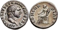 Vitellius (AD 69). AR denarius (18mm, 3.52 gm, 5h).  Rome, April-December AD 69. A VITELLIVS GERM IMP AVG TR P, laureate head of Vitellius right / CONCOR-DIA P R, Concordia seated left, holding patera