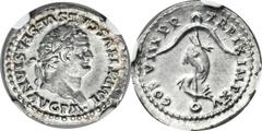 Titus (AD 79-81). AR denarius (19mm, 3.52 gm, 2h).  Rome, AD 80. IMP TITVS CAES VESPASIAN AVG P M, laureate head of Titus right / TR P IX IMP XV COS VIII P P, dolphin coiled around anchor. RIC 112. BM