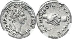 Nerva (AD 96-98). AR denarius (18mm, 3.51 gm, 7h). Rome, AD 97. IMP NERVA CAES AVG P M TR P COS III P P, laureate head of Nerva right. / CONCORDIA EXERCITVVM, clasped hands. RIC 14. BMCRE 25. RSC 20. 