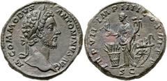 Commodus (AD 177-192). Orichalcum sestertius (33mm, 26.48 gm, 6h).  Rome, AD 181-2. M COMMODVS ANTONINVS AVG, laureate head of Commodus right / TR P VII IMP IIII COS III P P, Annona standing left, hol