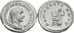 Gordian I Africanus (AD 238). AR denarius (21mm, 3.40 gm, 12h).  Rome, April AD 238. IMP M ANT GORDIANVS AFR AVG, laureate, draped and cuirassed bust of Grdian I right / ROMAE AETERNAE, Roma seated le