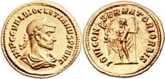 Diocletian (AD 284-305). AV aureus (20mm, 4.58 gm, 6h). Cyzicus, AD 284-286. IMP C C VAL DIOCLETIANVS P F AVG, laureate, draped and cuirassed bust of Diocletian right / IOVI CON-SERVATORI ORBIS, Jupit