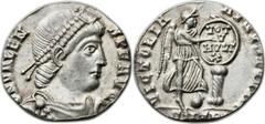 Valens, Eastern Roman Emperor (AD 364-378). AR miliarense (21mm, 3.21 gm, 12h).  Trier, AD 367-375. D N VALEN-S P F AVG,  pearl-diademed, draped and cuirassed bust of Valens right / VICTORIA-E AVGVSTO