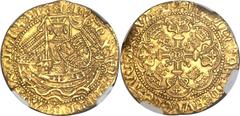 Henry V (1413-22) gold Half Noble ND, S-1749, North-1377 Later without mullet (extremely rare), not in Schneider, Pierced Cross mm, Class C with quatrefoil above sail and broken annulet on ship's side