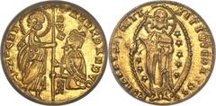 Achaia. Robert d'Anjou-Tarente (1346-64) gold Ducat ND, Fr-38a, MS65+ PCGS. ΛZDRDΛNDVO DVX | SN VЄNЄTI, St. Mark standing right presenting banner to kneeling Doge left / SIT T XPЄ DΛTDTT | ROIZ IZTΛ D