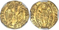Papal States. Roman Senate (1350-1439) gold Ducat ND, Rome mint, Fr-2, Berman-151, Muntoni-129 var., MS63 NGC. • S • PЄTRVS | SЄnΛTOR • VRBIS •, St. Peter standing right presenting banner to kneeling 