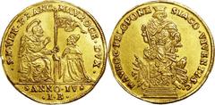 Venice. Francesco Morosini gold Osella of 4 Zecchini 1691, Paolucci-339, Nomisma-199 (R5), 13.9g, AU55 NGC. Obv. Kneeling Doge accepting the banner from St. Mark. Rev. Bust of the Doge on a pedestal, 