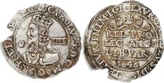 Charles I "Bridgnorth" Groat 1646, S-3042, North-2525 (scarce), MS61 NGC. Bridgnorth-on-Severn mint. Oxford declaration on reverse, small plume to left of the king's face. Pellet mm on reverse. A chip