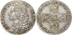 George II Shilling 1745-LIMA, S-3703, Old Laureate Head, MS64 NGC. A beautiful Gem of a shilling having a bold, even strike, fabulous surfaces, and bright grayish blue toning with golden iridescent hu