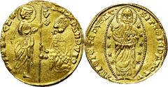 Chios. Andrea Dandolo (1343-54) gold Imitative Ducat ND (ca. 1344-82), Fr-1221, Paolucci-1, AU58 NGC. Obv. ΛNDR DΛNDUIO DUX | SM VЄNЄTI, St. Mark standing right presenting banner to kneeling Doge left
