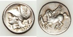CORINTHIA. Corinth. Ca. 338-300 BC. AR stater (8.54 gm).  Pegasus flying left, koppa below / Head of Athena left wearing laureate Corinthian helmet pushed back on head, ivy leaf behind. Calciati, Pega