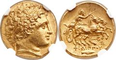 MACEDONIAN KINGDOM. Philip II (359-336 BC). AV stater (18mm, 8.48 gm, 11h). Posthumous issue of Colophon, under Philip III Arrhidaeus (323-317 BC). Laureate head of Apollo right / Charioteer driving g