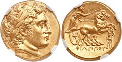 MACEDONIAN KINGDOM. Philip III Arrhidaeus (323-317 BC). AV stater (19mm, 8.59 gm, 11h). Types of Phillip II (attributed as such by NGC). Colophon, ca. 322-319 BC. Laureate head of Apollo right, with t