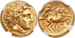 MACEDONIAN KINGDOM. Philip III Arrhidaeus (323-317 BC). AV stater (18mm, 8.63 gm, 1h). Types of Phillip II (attributed as such by NGC). Colophon, ca. 322-319 BC. Laureate head of Apollo right, with th