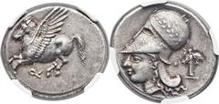 CORINTHIA. Corinth. Ca. 375-300 BC. AR stater (22mm, 8.58 gm, 5h). Pegasus flying left; Ϟ below / Helmeted head of Athena left; behind, Athena Promachos right. Pegasi 433. BCD Corinth –. NGC AU★ 5/5 -