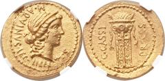 C. Cassius Longinus, Imperator and Assassin of Caesar (44-42 BC). AV aureus (19mm, 8.36 gm, 12h).  With moneyer M. Aquinus, mint moving with Cassius in Asia Minor, 43-42 BC. M • AQVINVS • LEG •  LIBER