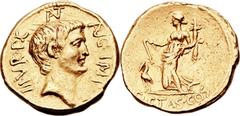 Marc Antony as Triumvir (43-31 BC). AV aureus (21mm, 8.06 gm, 4h).  Mint traveling with Antony in Asia (Ephesus?), early 41 BC. ANT AVG [ligatured] • IMP III • V R • P • C, bare head of Antony right /
