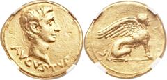 Augustus (27 BC-AD 14). AV aureus (20mm, 7.96 gm, 6h).  Pergamum, 19-18 BC. AVGVSTVS, bare head of Augustus right / No legend, lactating sphinx seated right. Cf. RIC 512 (obverse misdescribed, but see