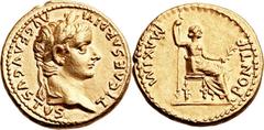 Tiberius (AD 14-37). AV aureus (19mm, 7.78 gm, 12h).  Lugdunum, ca. AD 18-35. TI CAESAR DIVI AVG F AVGVSTVS, laureate head of Tiberius right / PONTIF MAXIM, Livia, as Pax, seated right, holding scepte