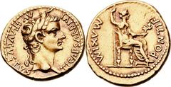 Tiberius (AD 14-37). AV aureus (19mm, 7.77 gm, 2h).  Lugdunum, ca. AD 18-35. TI CAESAR DIVI AVG F AVGVSTVS, laureate head of Tiberius right / PONTIF MAXIM, Livia, as Pax, seated right, holding scepter
