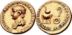 Nero, as Caesar (AD 51-54). AV aureus (19mm, 7.65 gm, 5h).  Rome or Lugdunum, under Claudius, ca. AD 51-54. NERO CLAVD CAES DRVSVS GERM PRINC IVVENT, draped and bareheaded bust of Nero left  / SACERD 