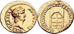 Nero (AD 54-68). AV aureus (20mm, 7.31 gm, 1h).  Rome, AD 64–65. NERO CAESAR AVGVSTVS, laureate head of Nero right / IANVM CLVSIT PACE P R TERRA MARIQ PARTA, facade of the Temple of Janus. RIC 50. BMC