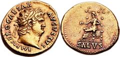 Nero (AD 54-68). AV aureus (20mm, 7.33 gm, 7h).  Rome, AD 64–68. IMP NERO CAESAR AVGVSTVS, laureate head of Nero right, lightly bearded / Salus seated left on throne, holding patera in right hand and 