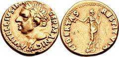 Vitellius (AD 69). AV aureus (19mm, 7.35 gm, 6h).  Spain, Tarraco, January-June AD 69. A ∙ VITELLIVS IMP GERMANICVS, laureate head of Vitellius left, globe at point of bust / LIBERTAS RESTITVTA, Liber
