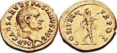 Vespasian (AD 69-79). AV aureus (19mm, 7.31 gm, 6h).  Rome, AD 69-71. IMP CAESAR VESPASIANVS AVG, laureate head of Vespasian right / COS ITER TR POT, Mars, nude save for helmet, advancing right, holdi