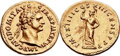 Domitian (AD 81-96). AV aureus (20mm, 7.55 gm, 6h).  Rome, January - September AD 87. IMP CAES DOMIT AVG GERM P M TR P VI, laureate head of Domitian right / IMP XIIII COS XIII CENS P P P,  Minerva sta